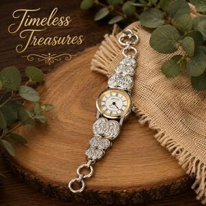 Vintage Silver Tone Floral Link Bracelet Watch Roman Numerals Untested Boho